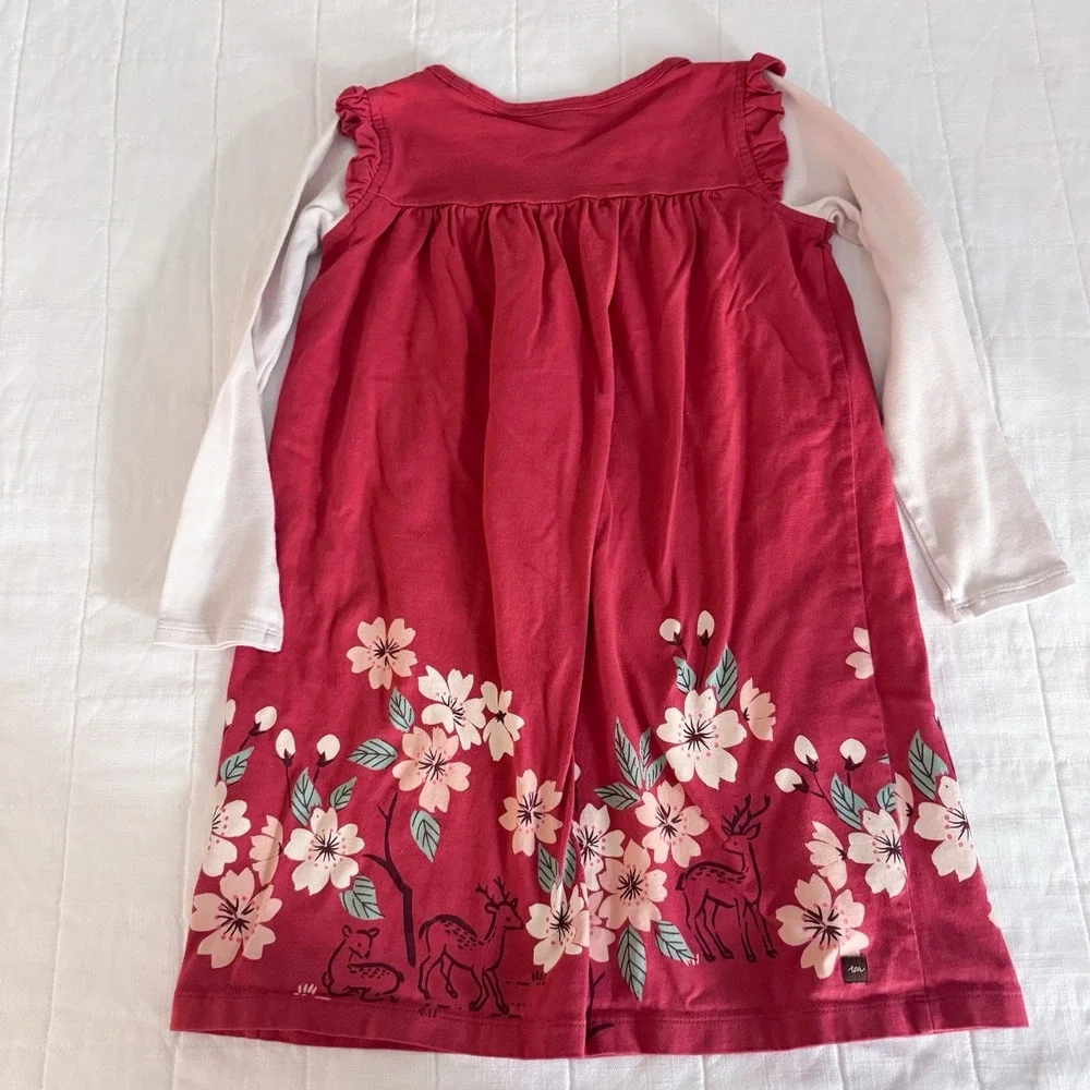 Tea Collection Dress Girls 7 Red Floral Long Sleeve Jumper Style Deer Fall